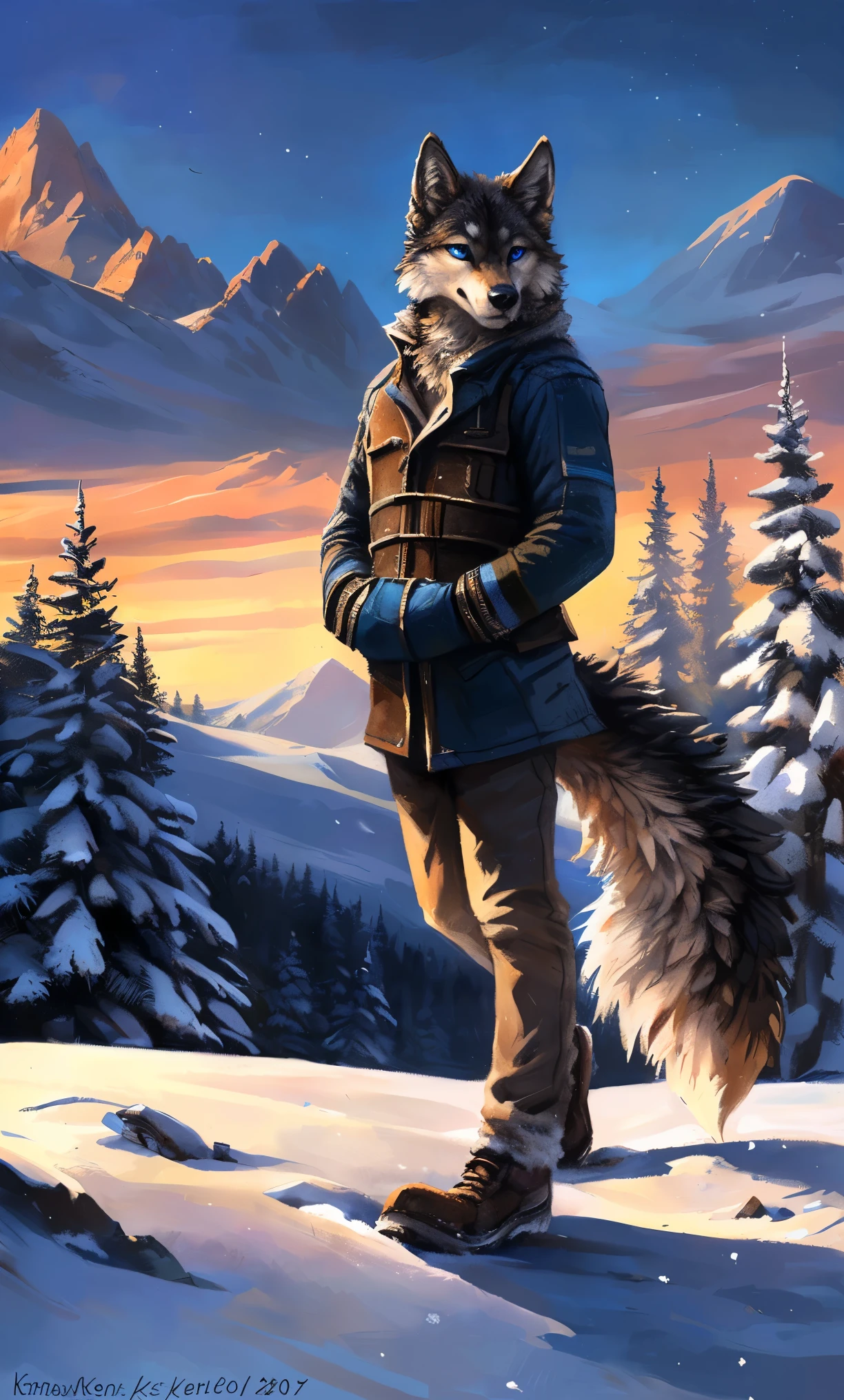 ((Solo)), male people, anthro wolf, (Multi-colored fur, White-brown:1.3,White tail pointed), (Height 2.1m,Tail length 1.2m), ((Wolf face, Big eyes, White eyelids, Blue pupil, Slim:1.2) (Tough, Calm expression:1.2)), Slim, pinging)), (Correct anatomy), (Winter clothing:1.1), The upper body naked, (detailed outfits),A long big tail,Feet,(Realistic fur, Detailed fur texture, labeled:1.3)), (Natural lighting), Photorealistic, Hyperrealistic, ultradetailed, by Kenket,Snowfield,erect through,Running on
