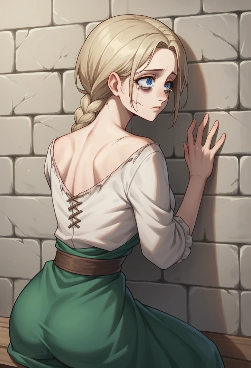 Platinum Blonde hair woman, beautiful, blonde eyelashes, gojo eyes, light blue eyes eyes, sexy body, mature, perfect, adult woman, one big braid, villager woman, medieval villager, depressed, distress, want to kill herself, broken mind, eyebags, dead eyes, sitting against wall, tears, detailed face, back againgst wall, defined curves, sexy body, dead eyes