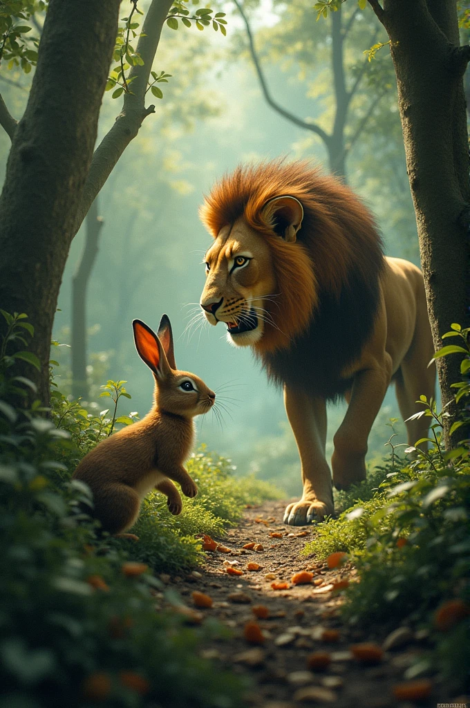 The lion became very angry and went out to search for that lion. The rabbit led the lion towards a deep pit and made him fall. In this way, the lion was out of the forest and the rabbit's cleverness saved him.