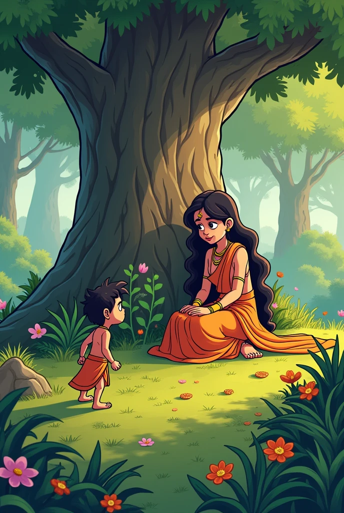 Create cartoon style image "Hanuman, now in his miniature form, discovers Sita sitting under a large Ashoka tree in the Ashok Vatika. Sita is seen sorrowful, draped in simple clothes, her face filled with longing and sadness as she remembers Rama. The lush garden contrasts with her somber mood, filled with vibrant flowers and tall trees."