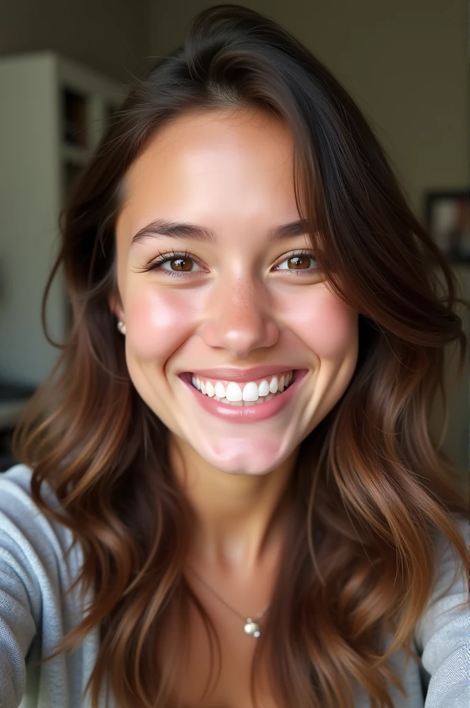 Selfie of a brown-haired woman, brown eyes and slightly tanned skin, Grinning.