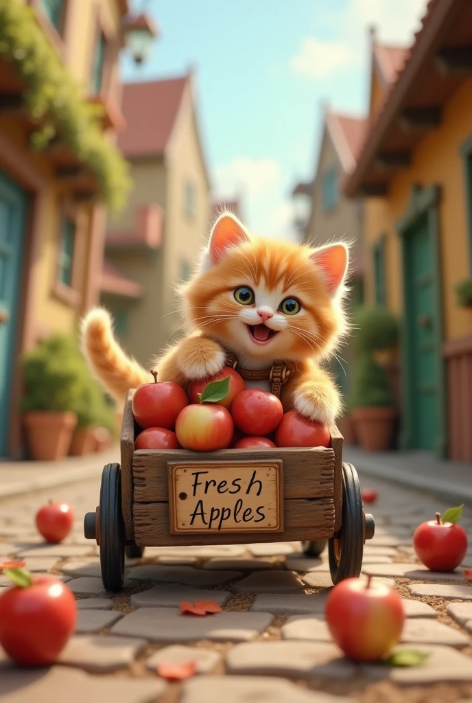 Kitten pulling a cart selling apples