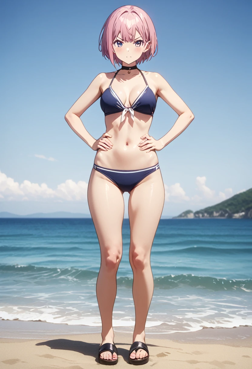 (Highest quality, 4K, 8k, High resolution, masterpiece:1.2), Very detailed, Picturesque, Animated Photography, Photo Animation:1.37)、A Japanese girl、(Pink Hair)、(Pixie Cut)、bikini、(bikini color:random)、angry、black choker、standing、Hands on Hips、on beach、straight-on、Full body photography、Nakano ichika
