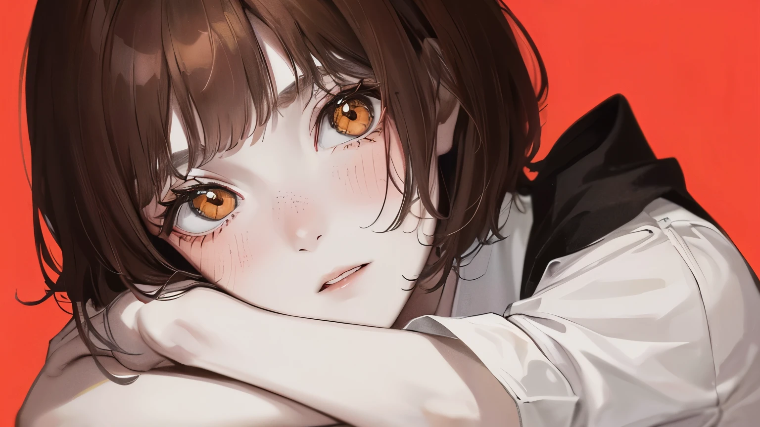 ((One woman)) ((Arms crossed))),(((Solid color background)))、(((Short Hair))),(((Red cheeks)))、,Masterpiece,best quality,,((White blouse))、((Amazed expression))、((Brown Hair)),determined expression, Upper body diagram、 (Highest Resolution、Clear_image)、Best Quality、Light and shadow contrast、(())、Very detailed、Semi-realistic、、bangs、Age 25、　Young lady,,young、((View from the front))、Delicate Facial Features