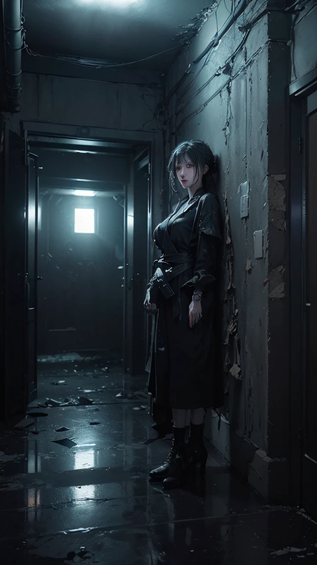 (highest quality)、((masterpiece)、(detailed:1.4)、3D、HDR(high dynamic range)、ray tracing、NVIDIA RTX、super resolution、Unreal 5、Spooky places、Night Hospital、Emergency light、overall dark atmosphere、Messy floor、dead end of a narrow passage、