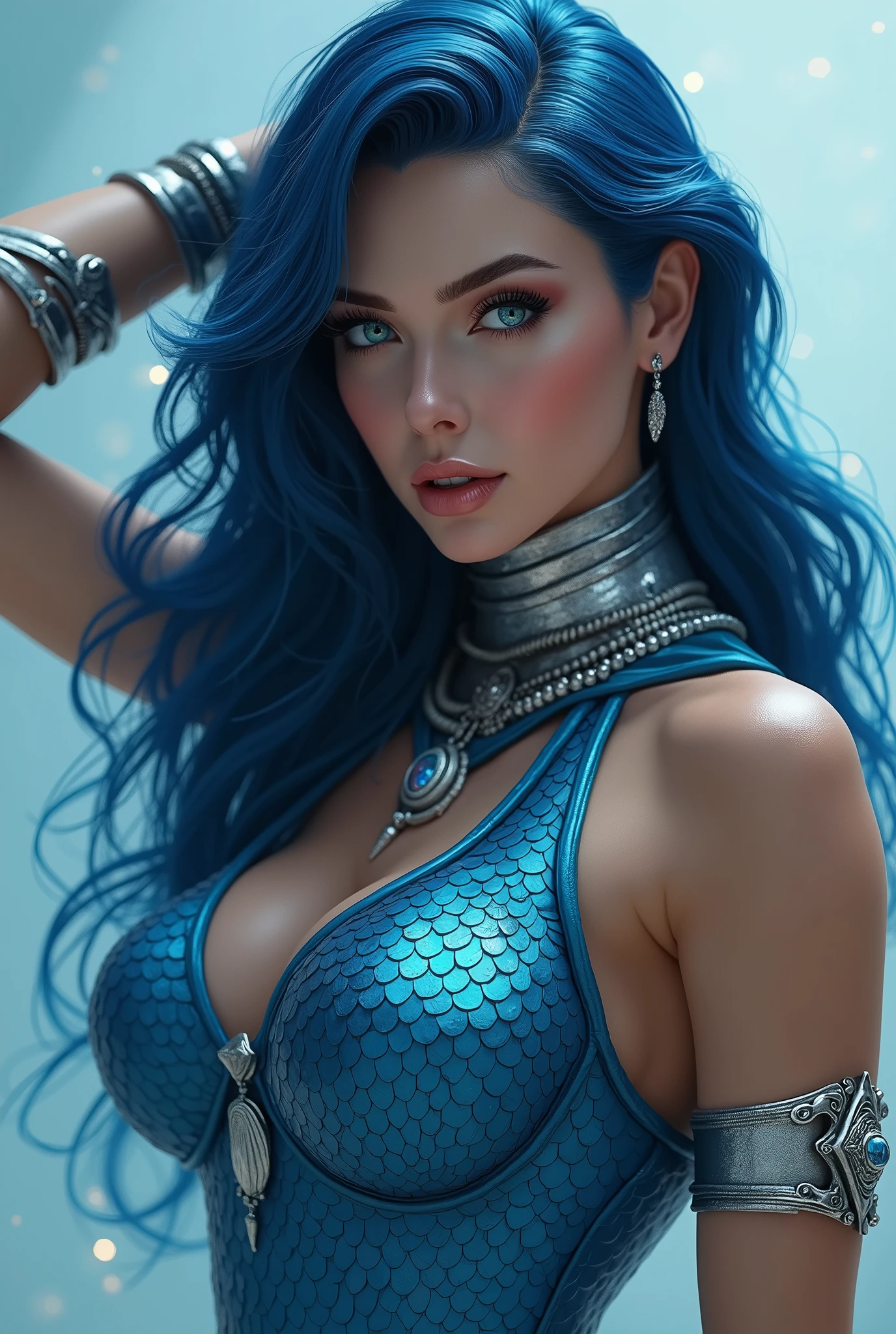( Masterpiece, 4k resolution, ultra-realistic, very detailed) A beautiful sexy female superhero who is a demigoddess , blue/green eyes and navy blue hair. , , She wears a blue outfit with a fish scale like texture sleeveless , she has bracelets that are silver, and has black boots with a glowing blue tint. a silver belt with a sea shell in the center, (Oceania) ( (pulling her hair back))