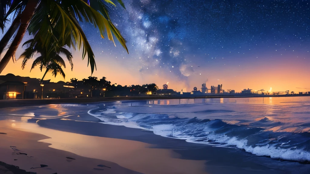 (masterpiece:1.2,Highest quality),Tropical Beach,night,Shooting with a wide-angle prime lens,Starry Sky,milky way,8k resolution