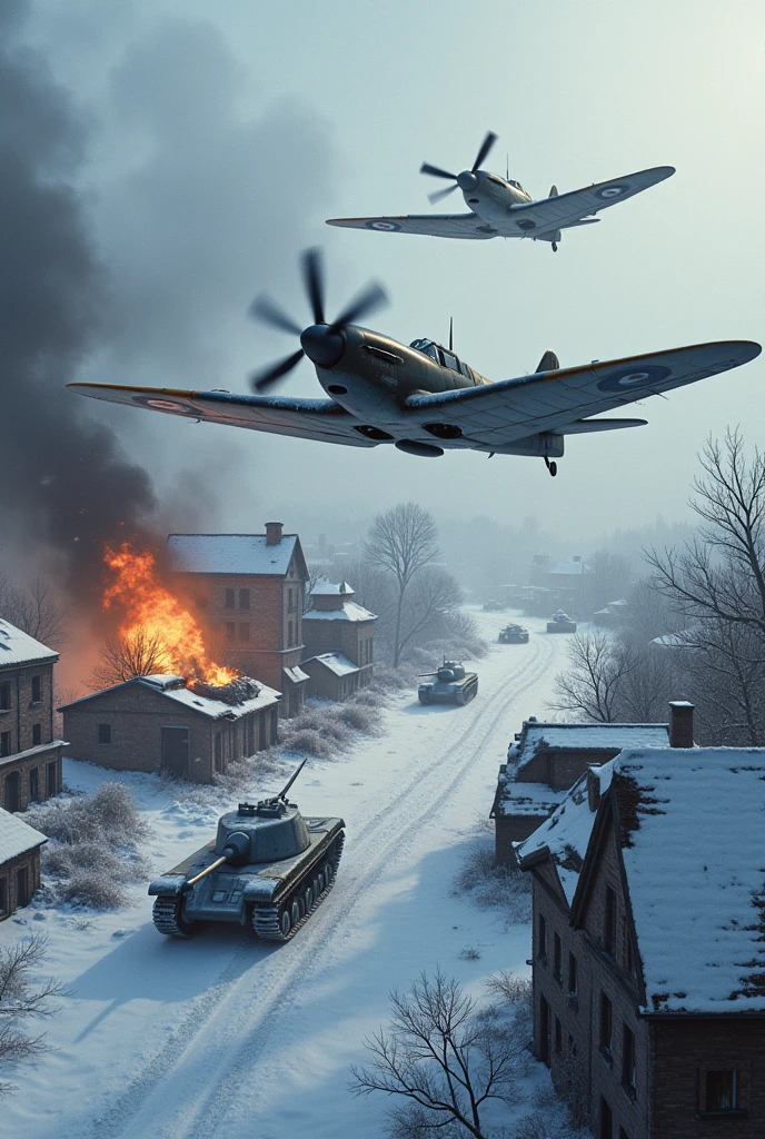 2 Spitfires like this one in low flight bombing German tanks during a snowstorm in the depths of winter in Poland during World War II..World War II in the background a Messerschmit crashing smoking with snow-covered ruins of buildings