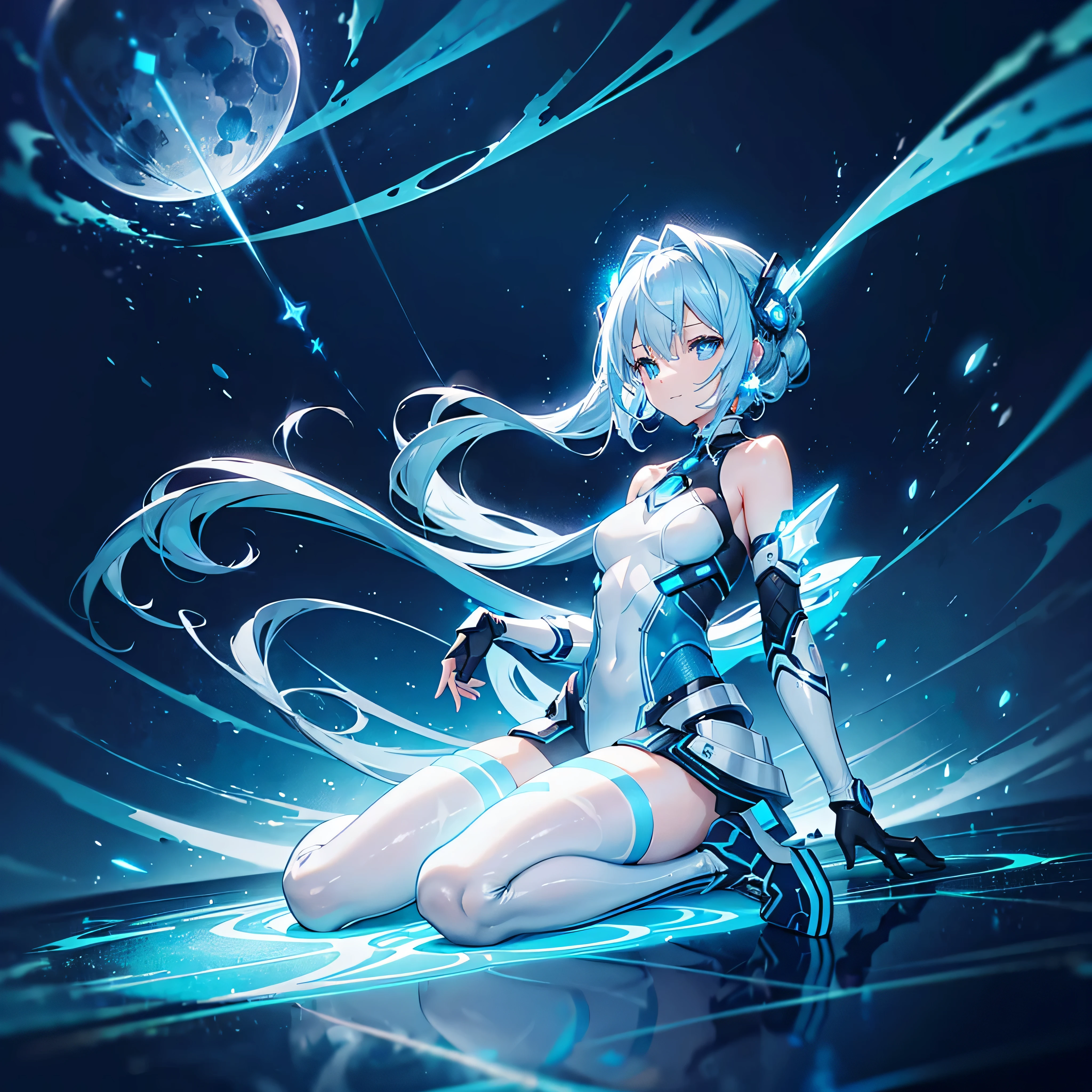((Holographic glow effect)),8k, Highest quality, (real:1.4), Original photo, 1 person, Asari Hair, Biological Amplifier, Very sleek and futuristic armor, posture: Peace talks between warring factions,,attention arousal, smart blue eyes,A modest smile,Knee-high boots,Patent-look blue tights,Blue big moon and blue light swirl in the background,Blue light from behind,blue light magic,A small, glowing blue ball in the palm of your hand,Blue flame swirl,Blue Comet,Polished floor,