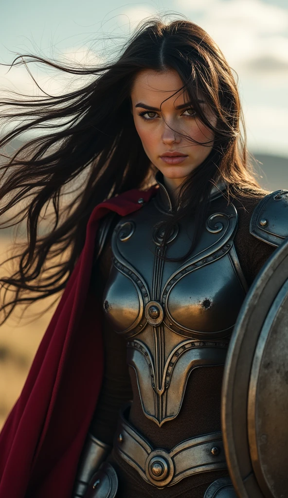 arafed woman in armor with sword and shield in a scene, jamie alexander as lady sif, furious dark haired women, film still from 'thor',marvel movie, of a beautiful female knight, Asgard, Nordic mythology, anime style, hair blown by the wind, long strands of hair on the face, cowboy shot