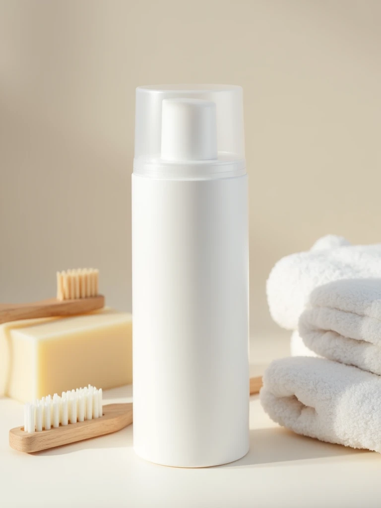 White cylindrical container with a semi-transparent white lid for shampoo, Background with some minimalist personal hygiene elements for mockup, detailed image, better lighting