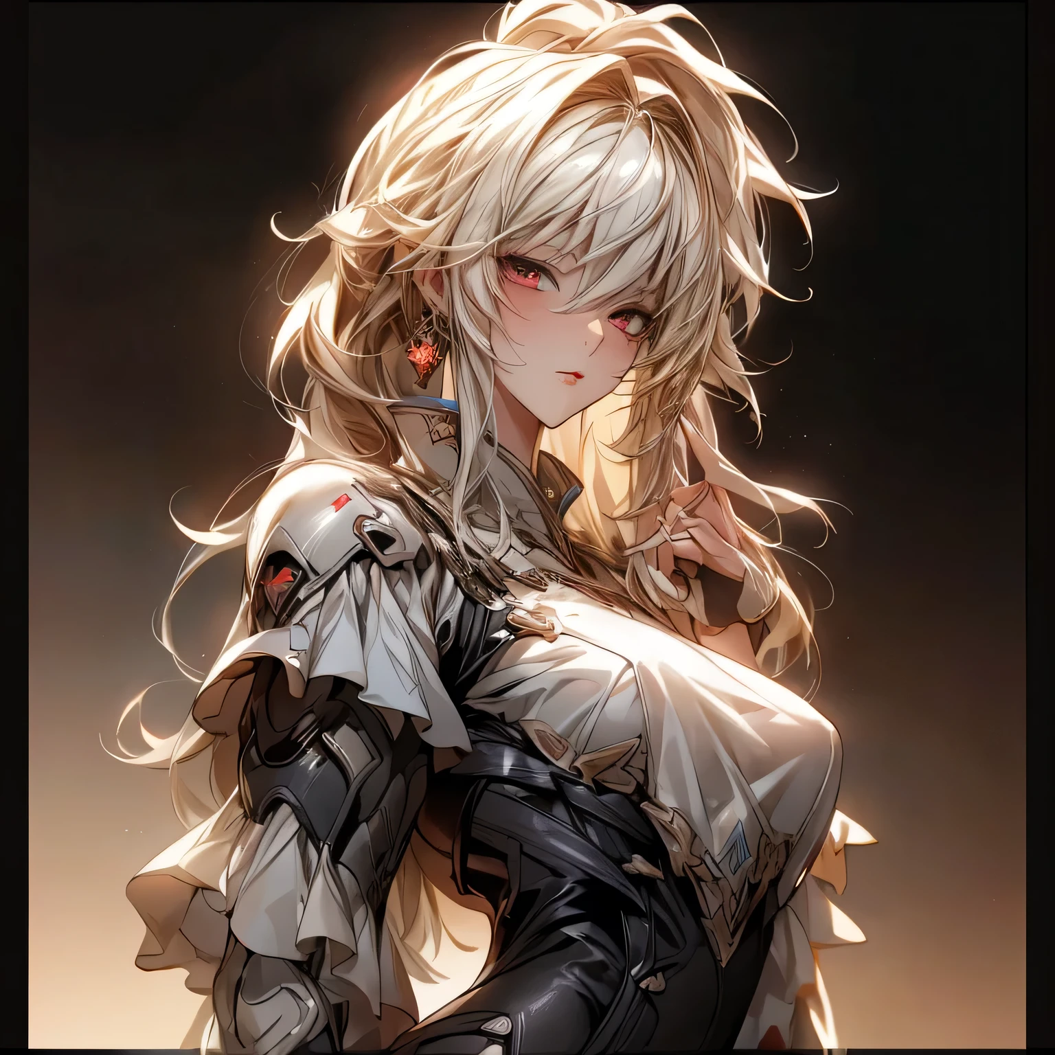 (best quality)), ((Masterpiece)), (details:1.4), 3d, HDR (high dynamic range), an image of a beautiful cyberpunk female, Blonde hair, High ponytail, Sleek style, Red eyes, hips up, จมูกโด่ง, ปากแดง, หน้าอกใหญ่, nvidia RTX, PBR surface, After processing, Anisotropic filtration,depth of field, Maximum clarity and clarity, multi-layered surface, Subsurface scattering, perfect proportions, 8K raw files, ultra detailed, Perfect proportions, volumetric lighting, soft lighting, Holy Knight, Light Armor, glossy skin, castle background, jewely, ต่างหู, นิ้วมือสมบูรณ์,