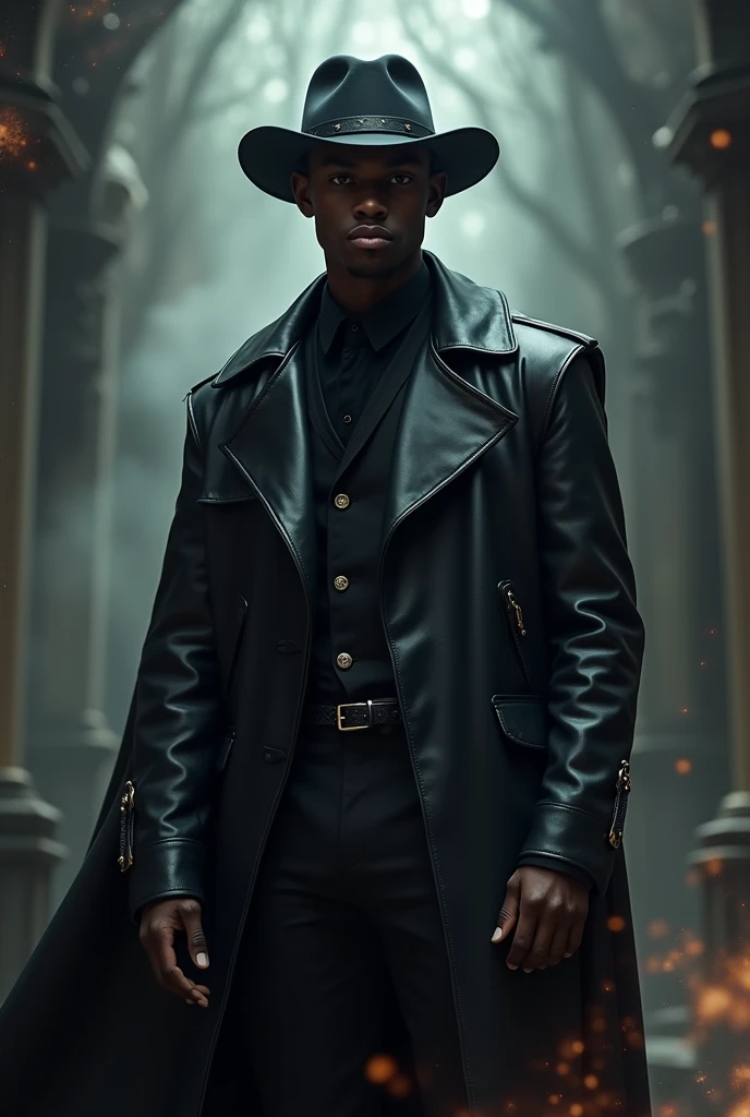 A young black man, wearing a black leather overcoat and a black leather hat, this is according to a crossbolt, dark magical background