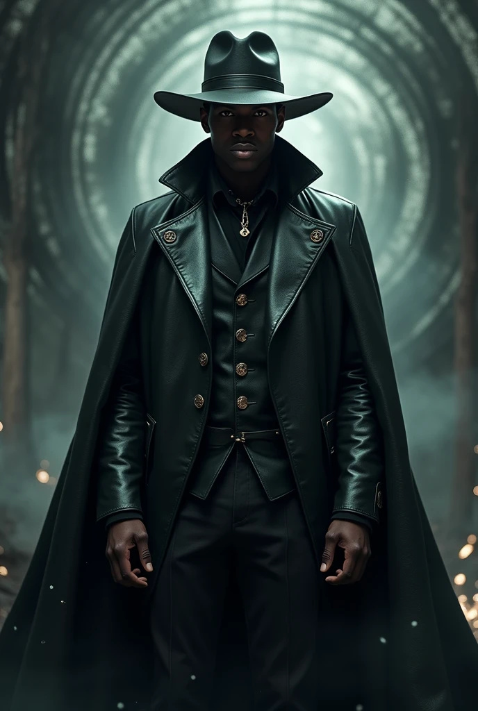 A young black man, wearing a black leather overcoat and a black leather hat, this is according to a crossbolt, dark magical background