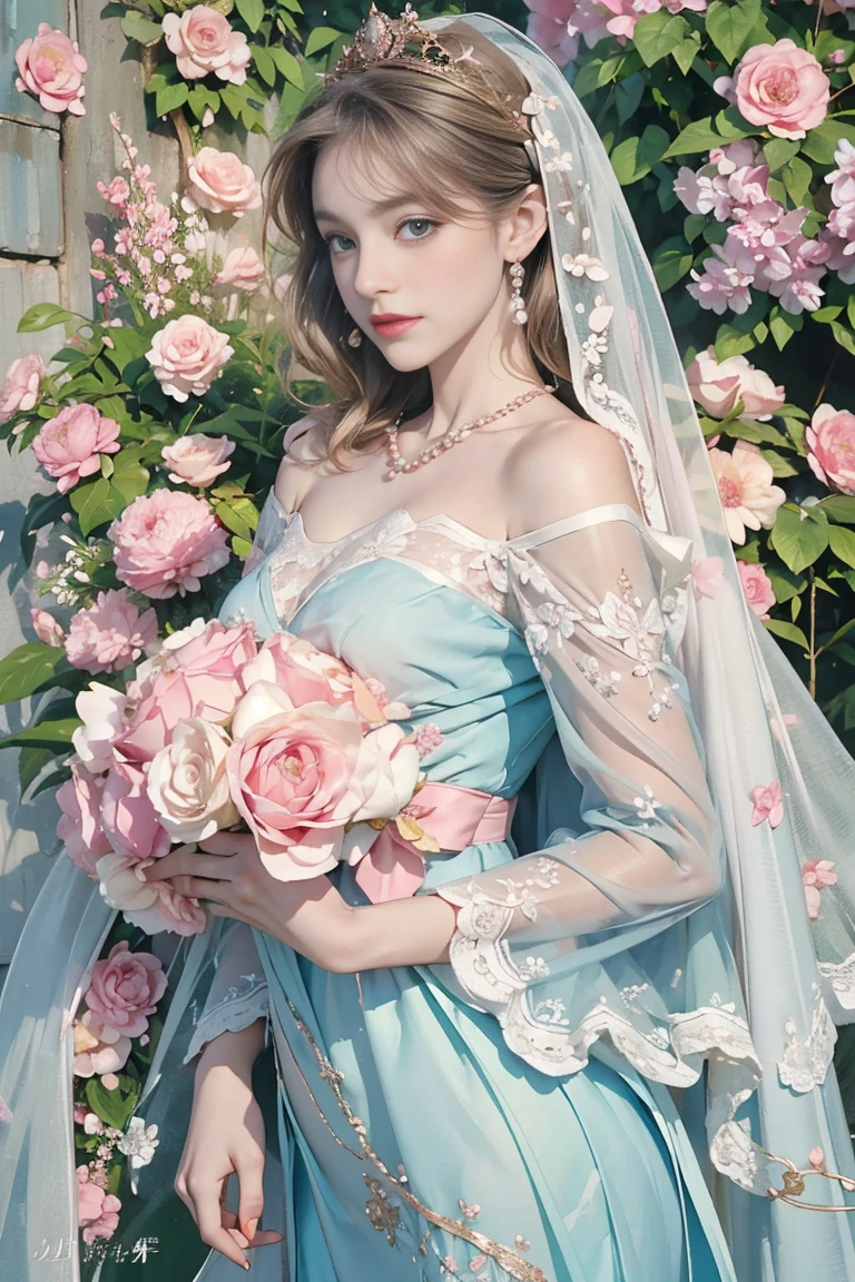 (masterpiece:1.2, best quality), (Vogue magazine cover), vintage-inspired tea dress, soft pastel blue, delicate lace trims, A-line cut, puffed sleeves, (abstract watercolor splashes in pastel pinks, blues, and greens across the fabric), sweetheart neckline edged with pearls, (model wearing a small pearl tiara with a sheer veil cascading down her back), (light rose gold satin ballet flats with tiny embroidered rosebuds), (background resembling an English garden at dawn, with mist rising over the flowers, softly lit).