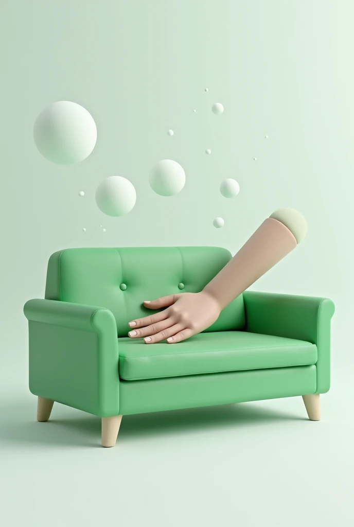 A realistic 3d green sofa stylized with a hand gently touching it, surrounded by white bubbles. O texto "Cleaning Touch" in blue below the icon, using a modern and friendly font.