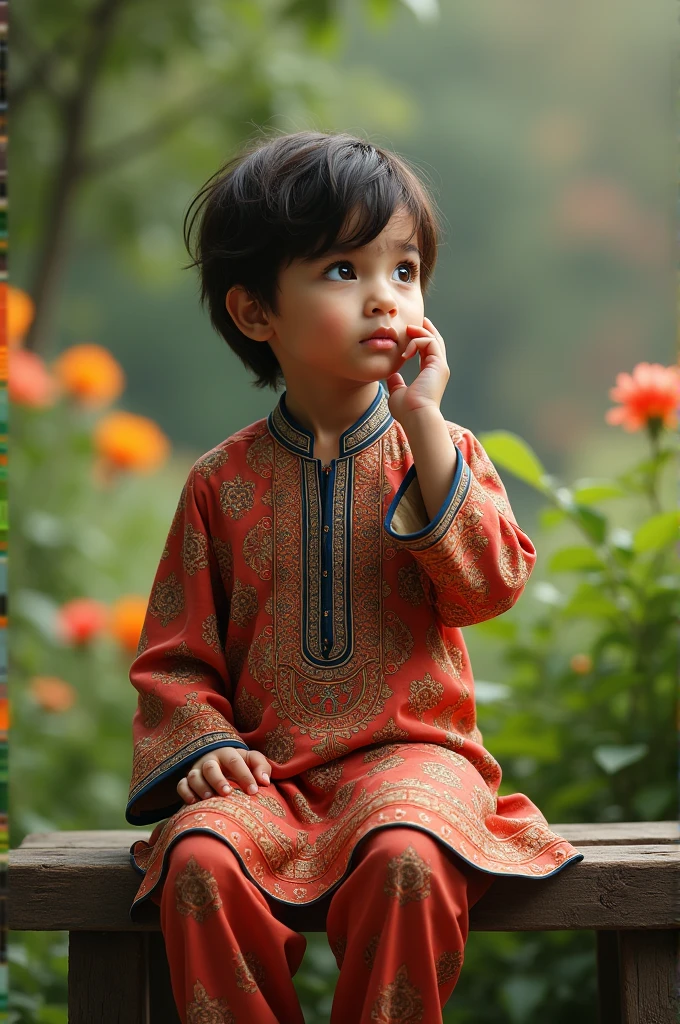 A beautiful Muslim wearing Pakistani dress sitting on a bench in a garden with one finger on the side of his head thinking something.