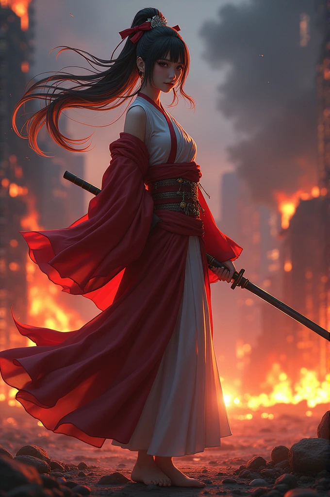 Yae Miko genshin impact against the background of a burning city, with a blade in his hand