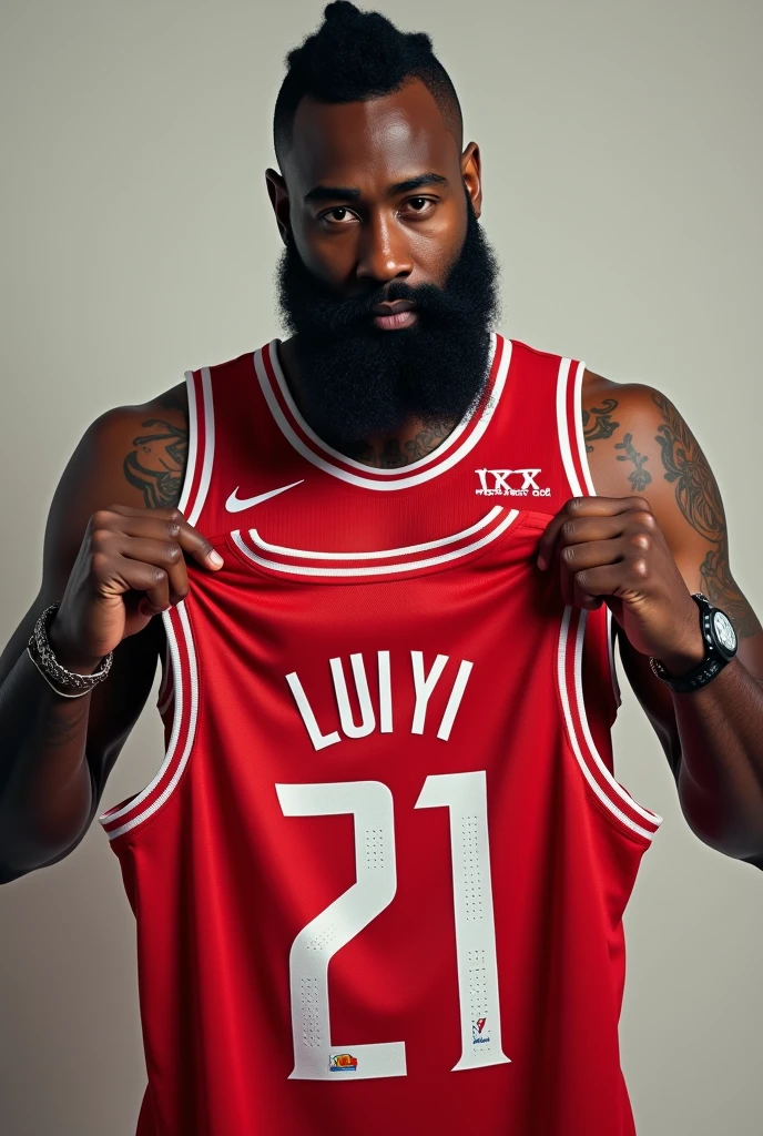 "Make a picture of James Harden holding the Rockets jersey in his hand ( that the last name of the shirt is LUIYI and the number of the shirt is 21 