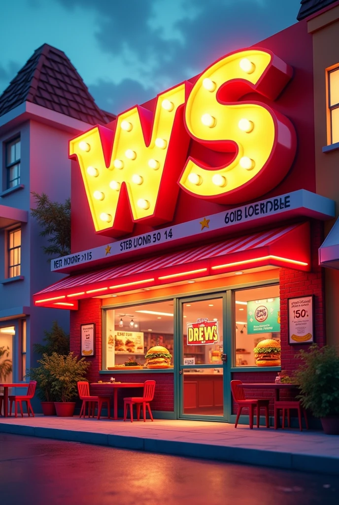 I want a slogan with vibrant colors, burger shop with initials WS