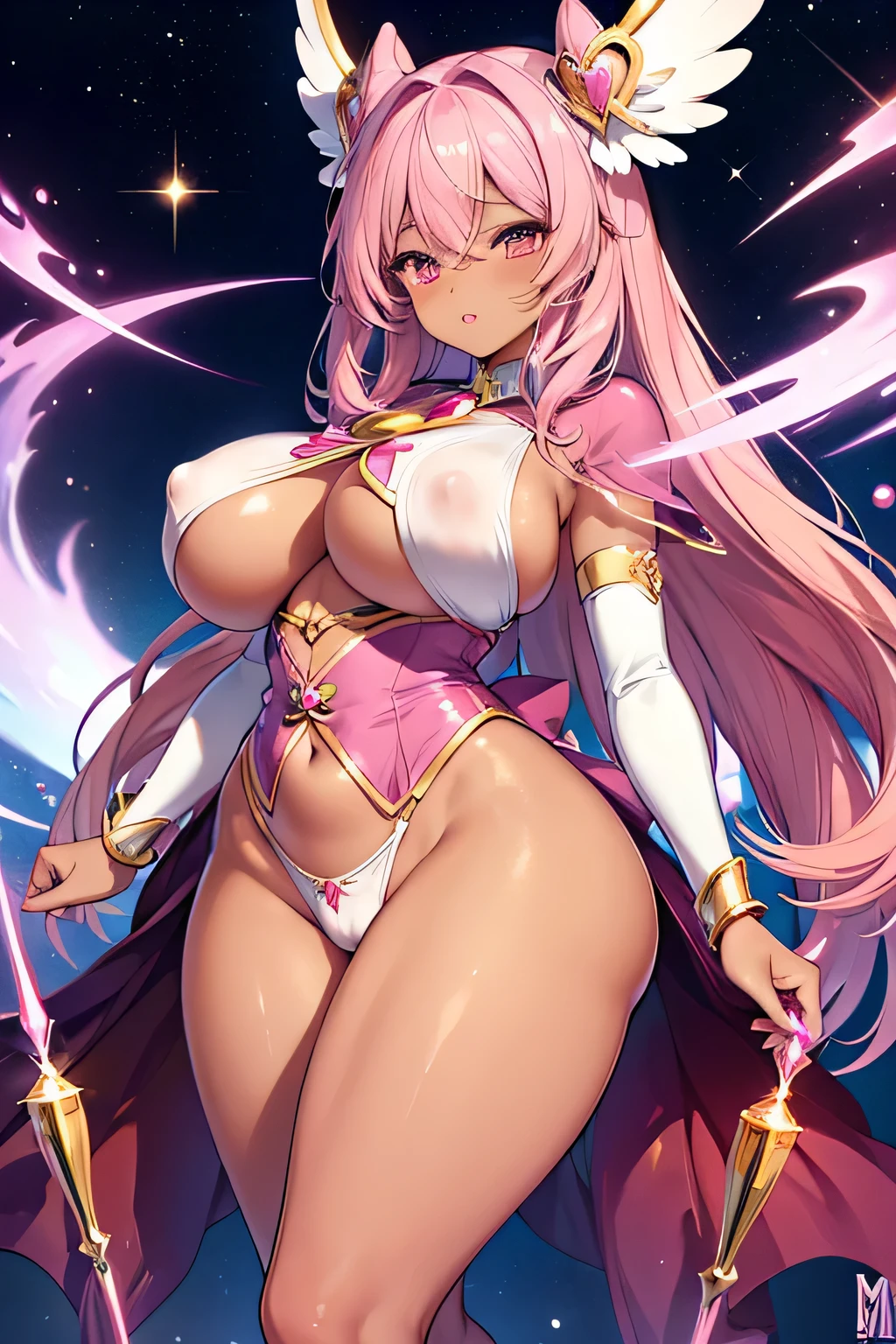 ((Brown skin))((Highest quality)), ((masterpiece)), Super Breasts,Thick legs,Big ass,Big areola, puffy nipples,Long breasts .Magical girl.Pink Hair、.Dark skin.Magic Wand. Long Breasts .magical girl.