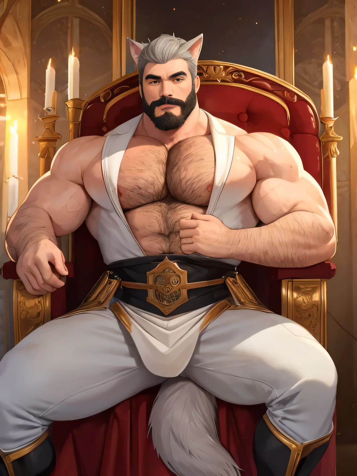 burly virile hairy man, with two wolf ears and a bushy tail, in a suit of armor, middle-aged, hirsute, overmuscular and musclebound, bulging veiny muscles, a warrior's build, a bodybuilder's physique, long bushy and a thick mustache, a square jaw, handsome and dreamy, grey hair, a king on his throne, in regal clothing