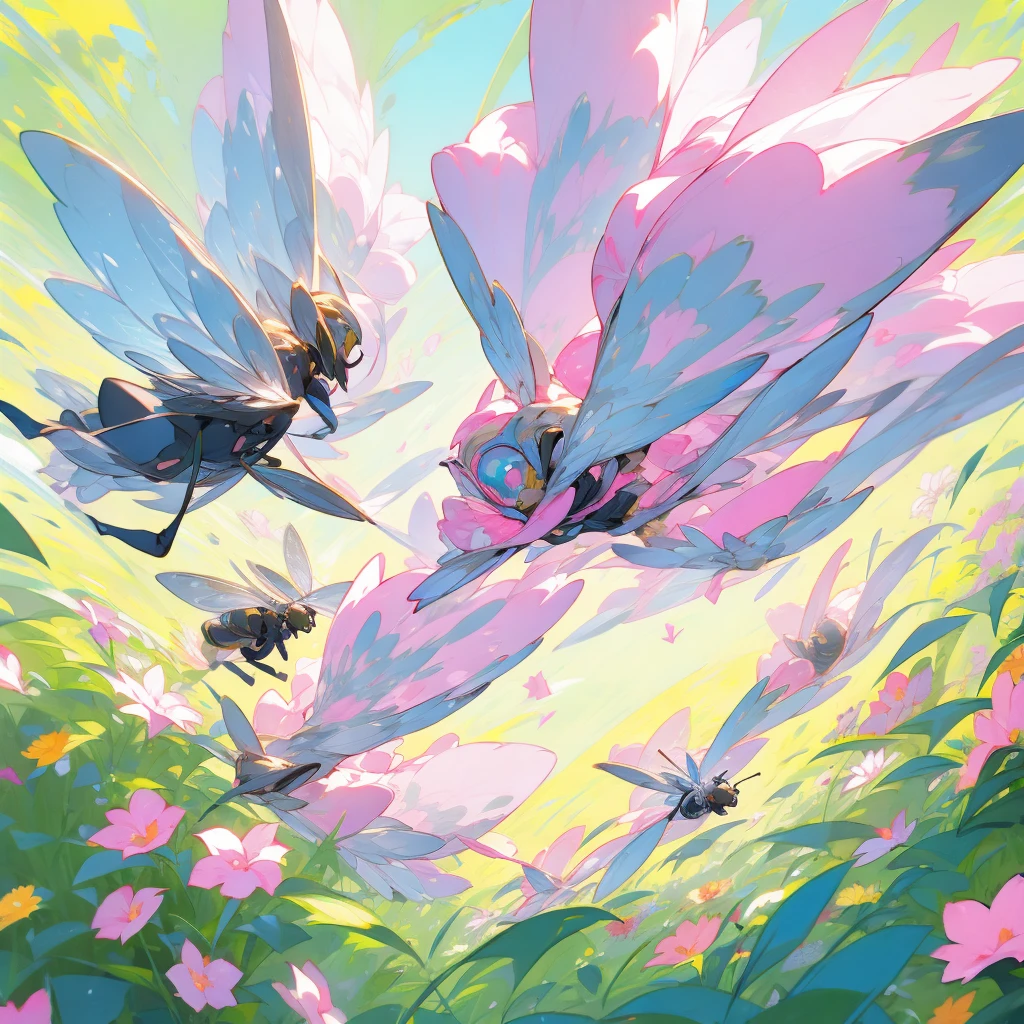 Big pink flowers with bee-like girls flying next to the flowers
