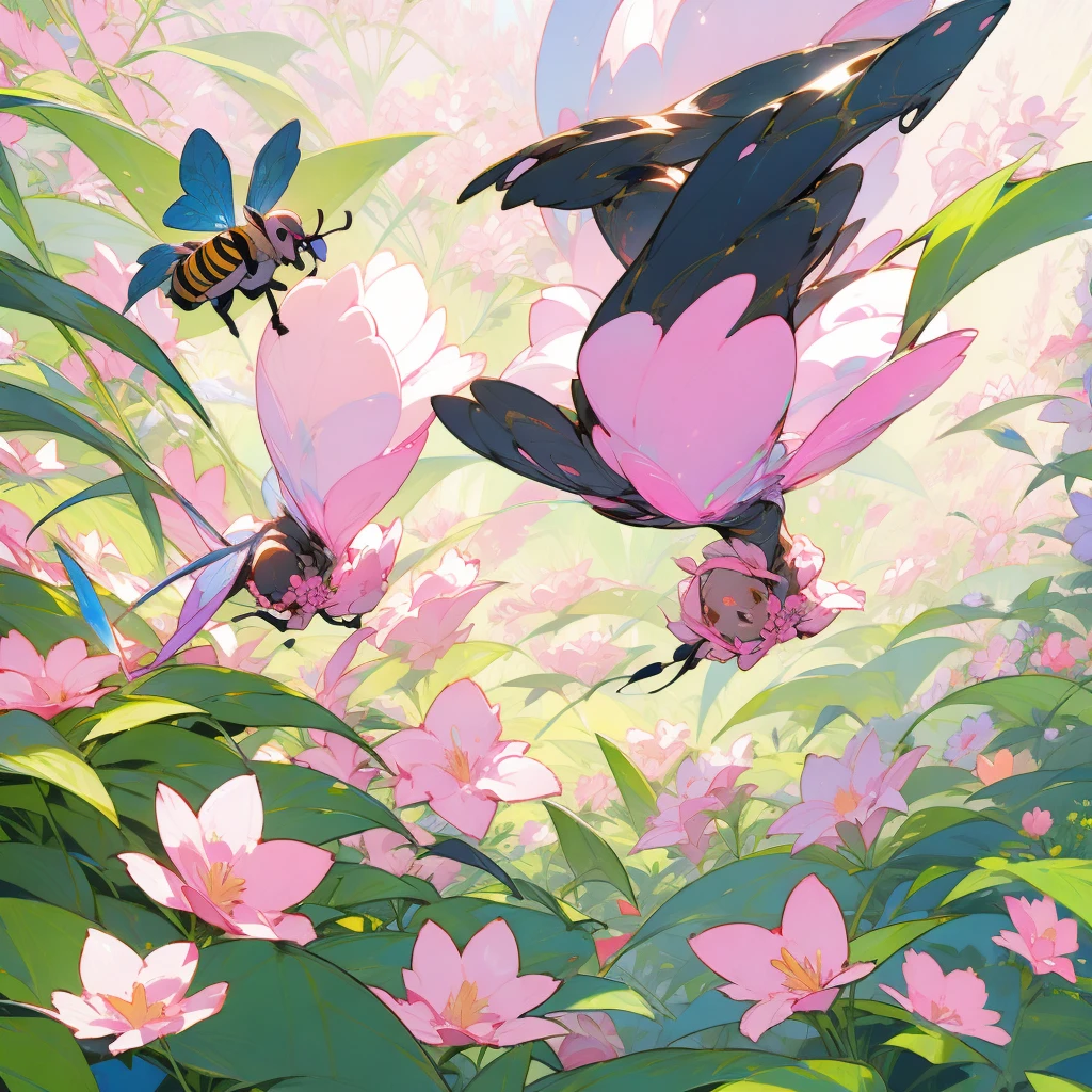 Big pink flowers with bee-like girls flying next to the flowers