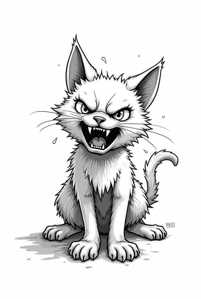 Create a line-only sketch drawing of a wet, angry cat