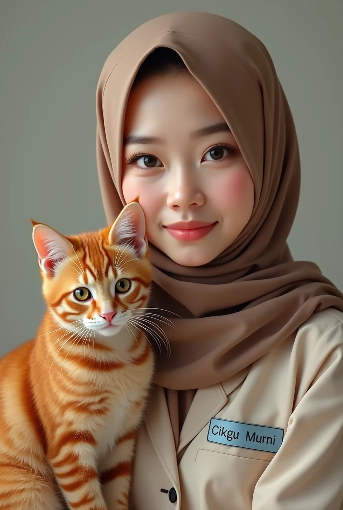 Photorealism beautiful tudung girl without hair with nametag "Cikgu Murni" with a cute orange cat