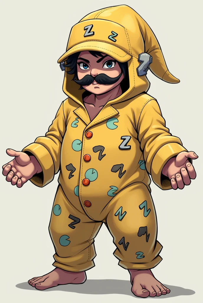 Character with a yellow cap decorated with pale orange with a relic that looks like grayish zzz&#39;s on his cap a pajama with symbols of sleep closed eyes a mustache on him with legs with disappointed z&#39;s in symbol arms that do like yoga on the spot sports shoes is a dangerous fighter side