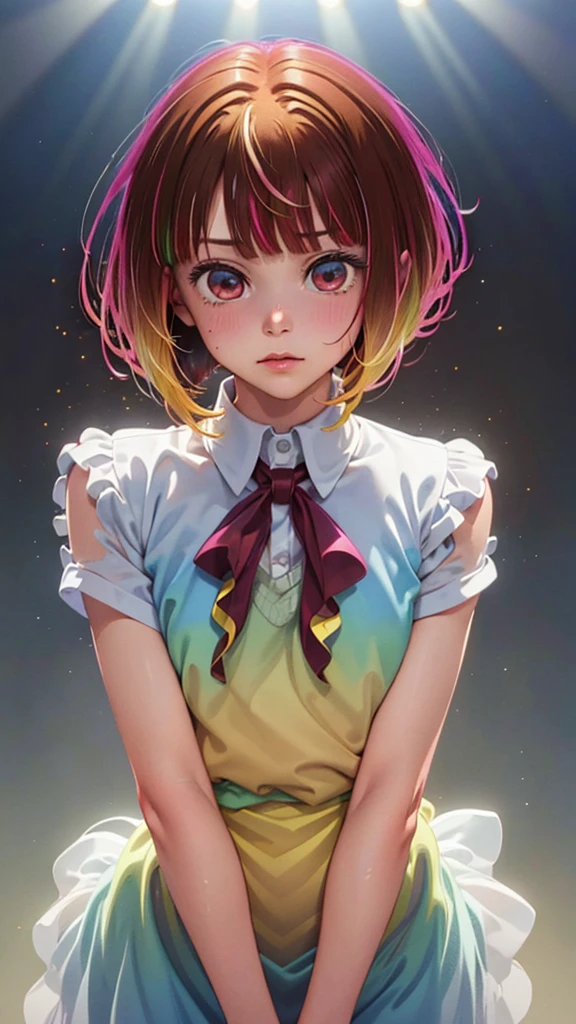 One woman, alone, alone Focus, Cowboy Shot, Portraiture,, Beaver,Half water color, Half Green, ((Brown Hair)), (Yellow Hair), (Gradient Hair :1.5), Curly Hair, ((Pink Eyes)), Ultra-detailed eyes, work, White see-through, (Small TI quality, Very detailed,Full Shot