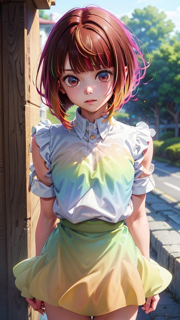 One woman, alone, alone Focus, Cowboy Shot, Portraiture,, Beaver,Half water color, Half Green, ((Brown Hair)), (Yellow Hair), (Gradient Hair :1.5), Curly Hair, ((Pink Eyes)), Ultra-detailed eyes, work, White see-through, (Small TI quality, Very detailed,Full Shot