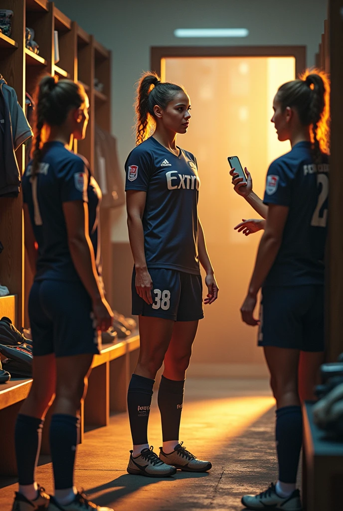 LnF, Football player eleven, inside a football stadium changing room, getting equipped while the trainer is giving her instructions.