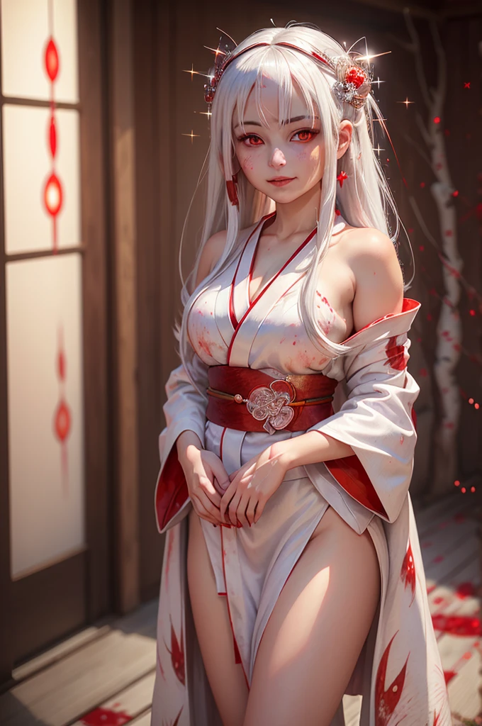 A masterpiece of the highest quality, 1 girl, One, White hair, japanese clothing, kimono, long hair, I look at the viewer, ((Red eyes)), smile, sparkling eyes, ((hands on your own face)), ((blood swirl)), (yandere:1.4), (sparkling eyes:1.4), Crazy eyes