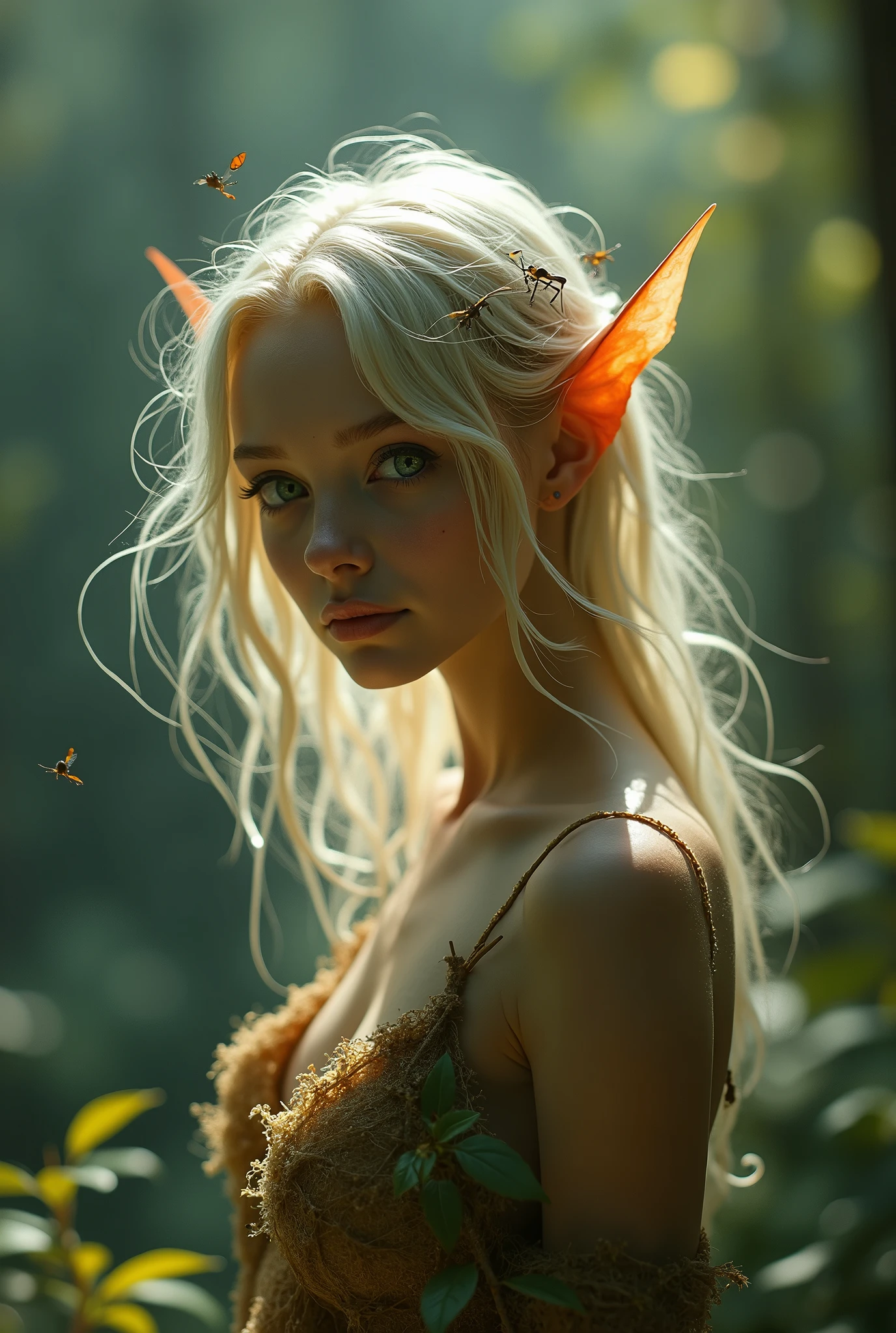 (Realystic:1.4), analog photo style, depths of field, (a blond-haired adult Pixie with different eyes), (small leaves and insects got tangled in wet hair), wide waist, (her full body is a visual pleasure), view from above, dark fantasy atmosphere, deep shadows with the some sun rays, a delicate balance between reality and fantastic, faded colours, great quality, Masterpiece, most detailed blurred surreal background, naturally cinematic light, 16k quality, kodak porta 400, bokeh.