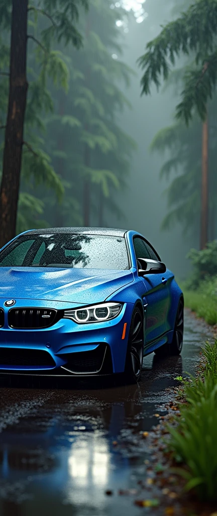 Bmw M4 competition blue colour on forest with rain 