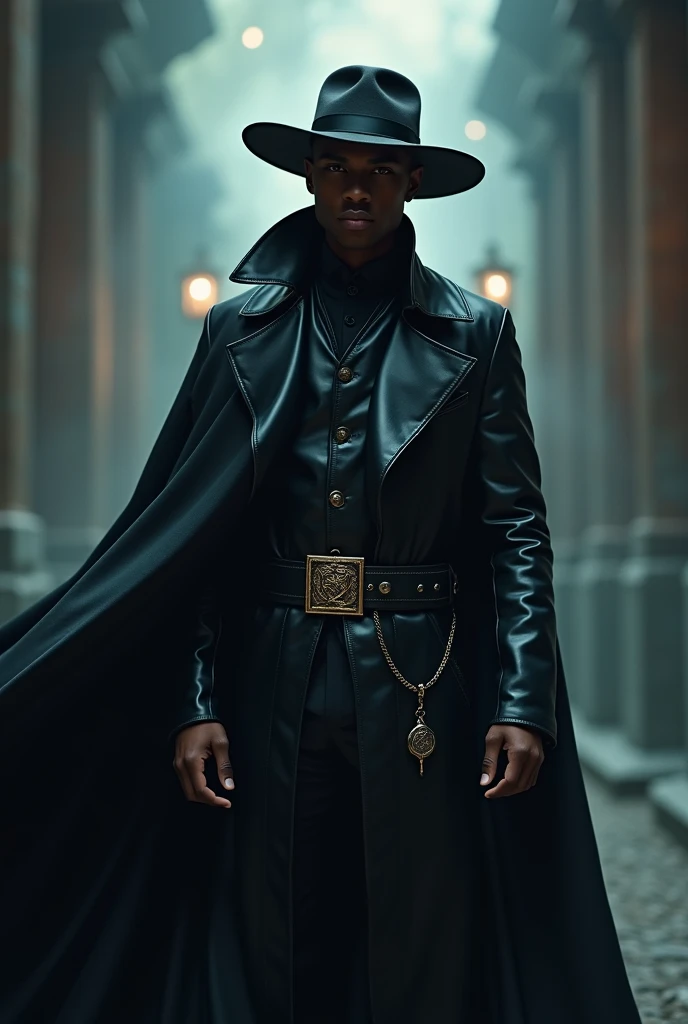 A young black man, wearing a black leather overcoat and a black leather hat, this is according to a crossbolt, dark magical background