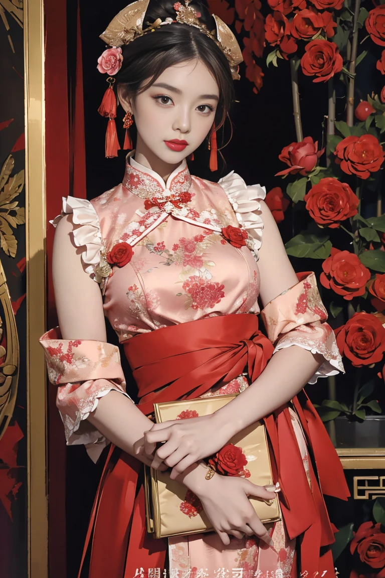 (masterpiece:1.2, best quality), (Vogue magazine cover), high-low hemline dress, blending Chinese brocade and English-inspired tulle, deep reds and golds transitioning to blush pinks and creams, (traditional Chinese knot buttons and English lace trim seamlessly integrated), (model wearing a silk sash tied around the waist, with a rose brooch pinned to the collar), (background showing a blend of Chinese architecture and an English manor garden, the transition between the two is seamless and dreamlike).