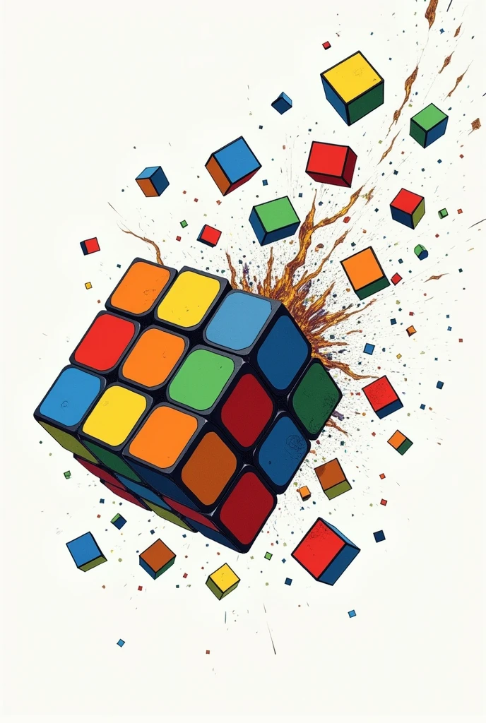 3x3 Rubik's cube very broken and completely disassembled , with the pieces flying , in new school drawing
