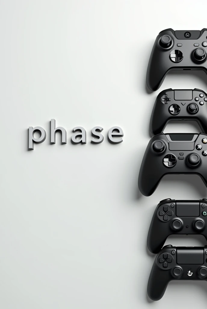 Several black video game controllers on my right side with light background writing "phase"