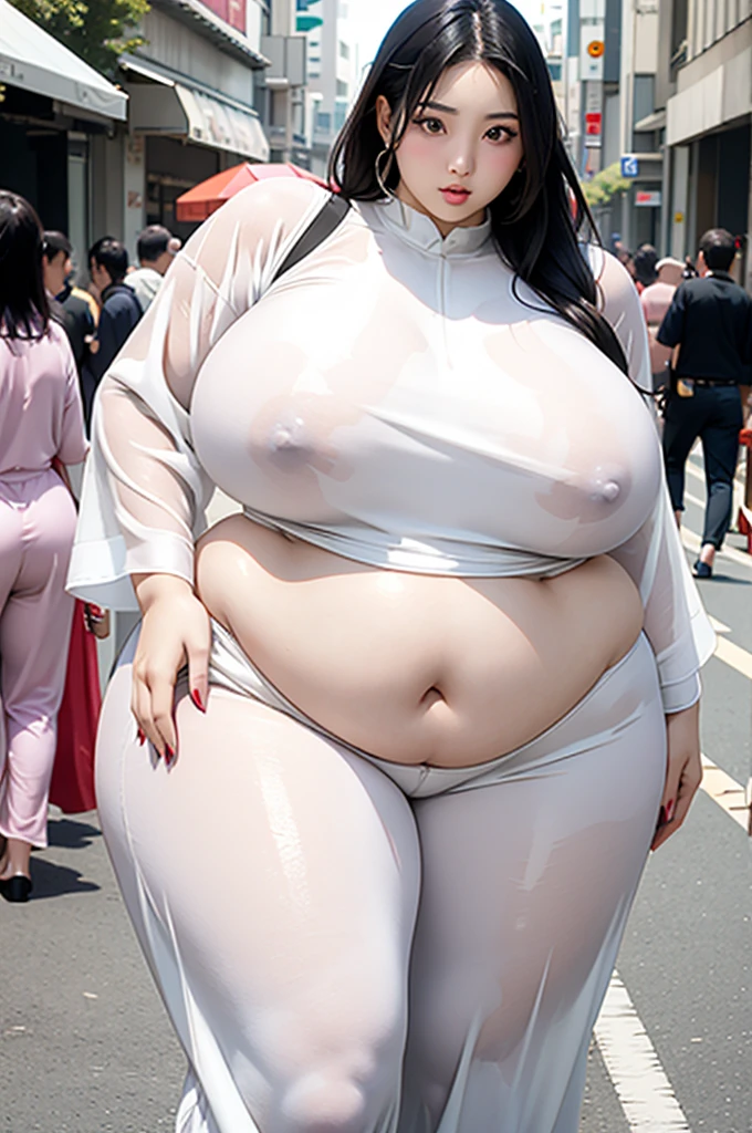 Arab Japanese woman on the street , Attractive voluptuous body , Wearing white jumpsuit pajamas, Beautiful woman, in great detail , Deep in the heart, huge breasts, Big and wide hips, long legs,Very very tall ,thick high, group, Full body on camera, Wearing a strap wedge