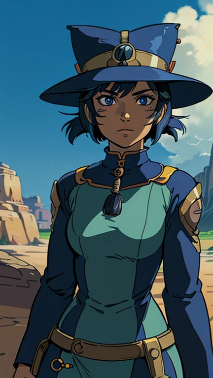 (1girl, solo, Cia), (extremely detailed CG unit 8k wallpaper),(master part), (best quality), (ultra detail), (best illustration),(ghibli style), cowboy shot, (Sharp eyeliner, ombre, detailed eyes:1), oasis, outdoors background, ,break, (GHIBLI_Background), upper body, dark-skinned_female, jester hat,