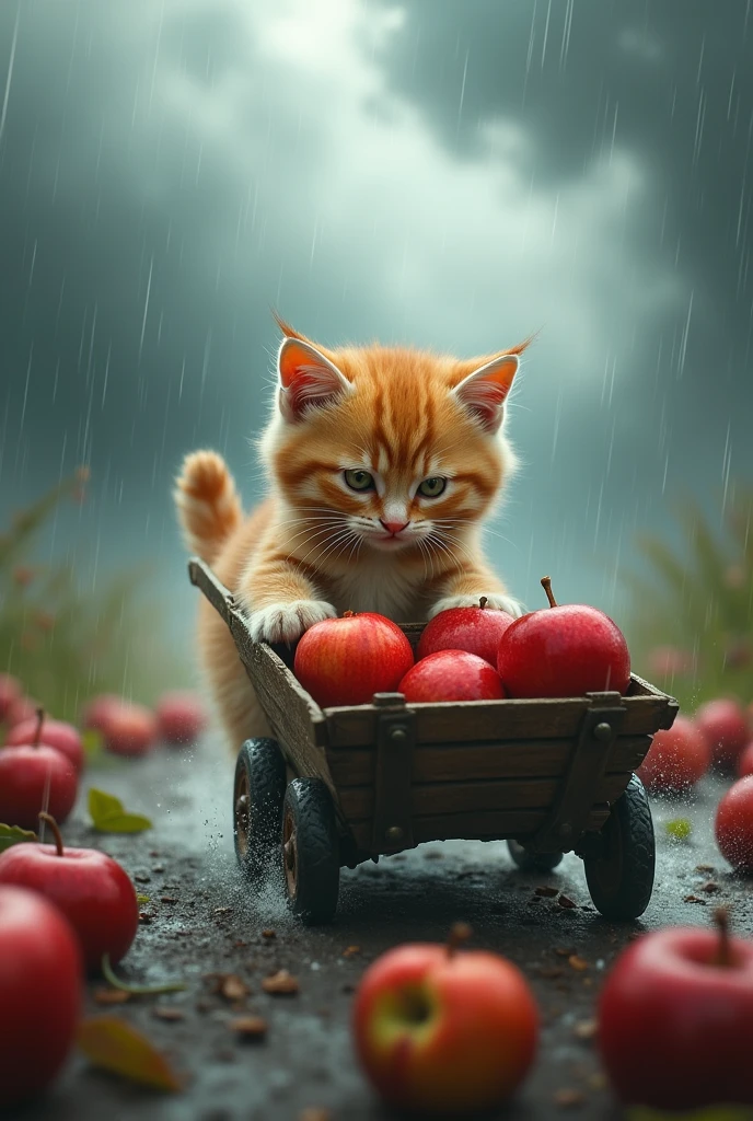 Kitten pulls cart selling apples in stormy weather.Kittens pull very tired



