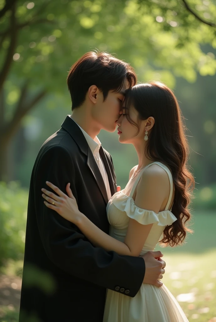 Byun Baekhyun enlaçant une femme brune visage caché, dans un parc
