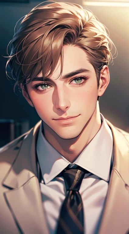 (Highest quality,4K,8K,High resolution,masterpiece:1.2),Super detailed,(Realistic,photoRealistic,photo-Realistic:1.37),1 personld, Men,Beautiful skin、very handsome,Expressionless smile in love,Short gray brown hair,green eyes,Sharp Eyes,A perfect face without a doubt,Businessman, CEO, Office Background,Cinema Lighting,HDR image,tie、