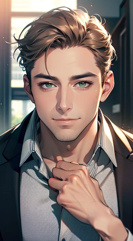 (Highest quality,4K,8K,High resolution,masterpiece:1.2),Super detailed,(Realistic,photoRealistic,photo-Realistic:1.37),1 personld,Mature Men,Beautiful skin、very handsome,Expressionless smile in love,Short gray brown hair,green eyes,Sharp Eyes,A perfect face without a doubt,Businessman, CEO, Office Background,Cinema Lighting,HDR image,tie、