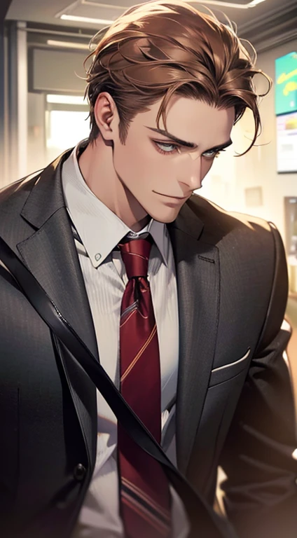 (Highest quality,4K,8K,High resolution,masterpiece:1.2),Super detailed,(Realistic,photoRealistic,photo-Realistic:1.37),1 personld,Mature Men,Beautiful skin、very handsome,Expressionless smile in love,Short gray brown hair,green eyes,Sharp Eyes,A perfect face without a doubt,Businessman, CEO, Office Background,Cinema Lighting,HDR image,tie、