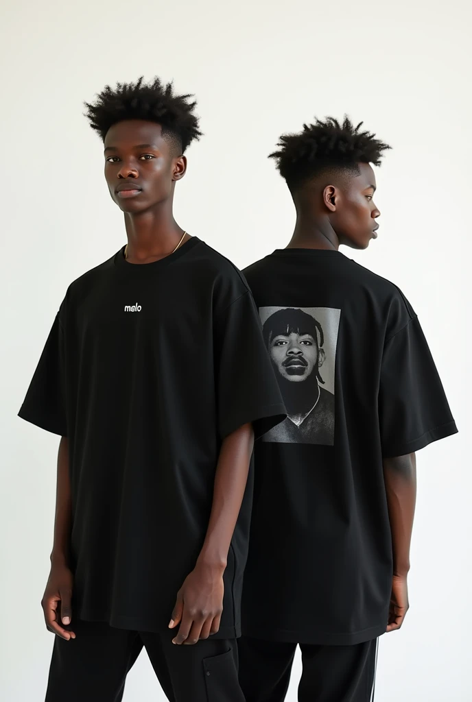 Two young black models, one from the front, the other from the back, wearing an oversized black t-shirt, with a white background for a unisex clothing brand, the one facing the writing; melo, small on the left corner of the chest and the back with a cool print