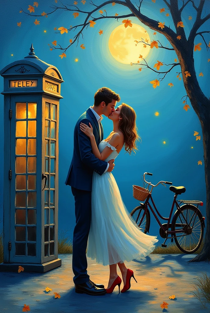 Create an impressionist style painting of a couple kissing on a full moon night next to a bicycle and a public telephone booth